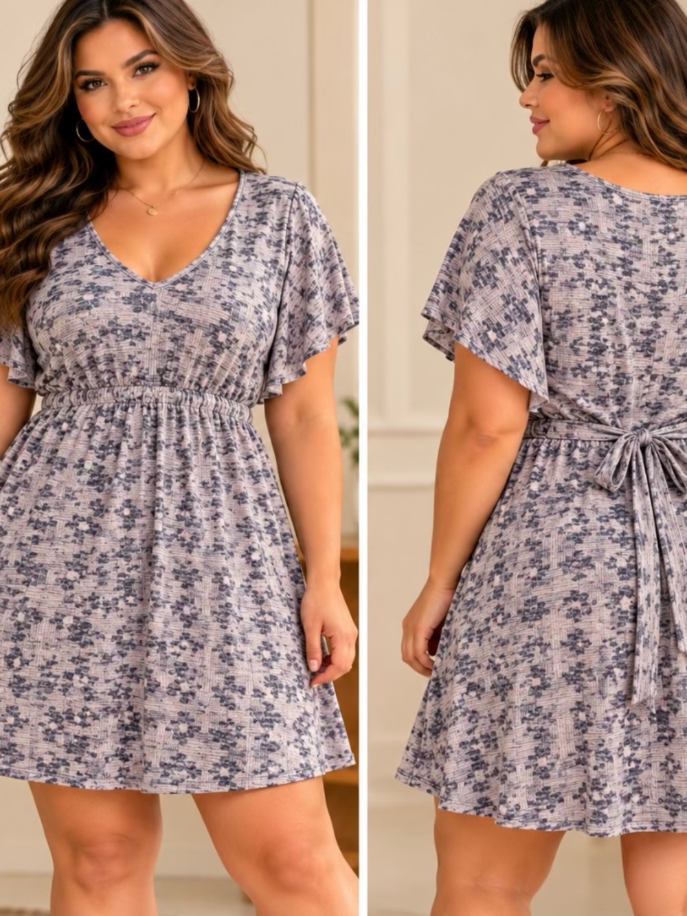 GAP Heather Gray and Navy Floral V-Neck Tie-Back Dress